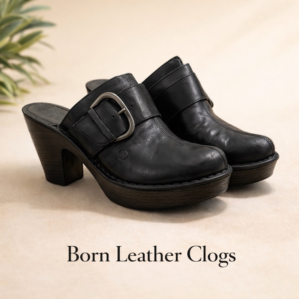 NEW Black Leather Biker Clogs 3.5 Chunky Heel Buckle Moto Platform Shoes Sz 8 - Picture 2 of 14